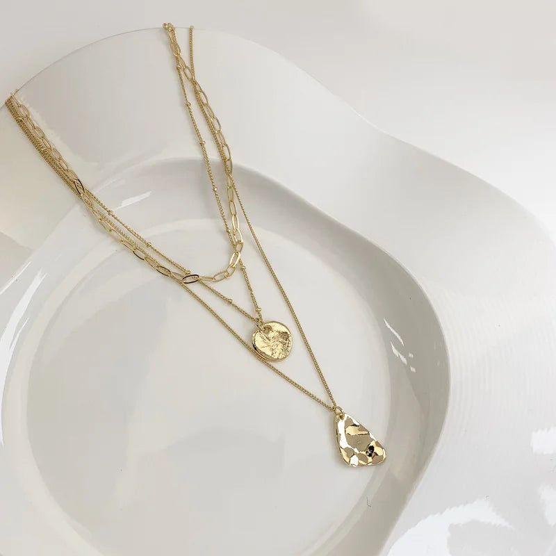 Unisex Layered Choker Necklace with Triangle Pendant - Multi-chain Collarbone Necklace for Men & Women