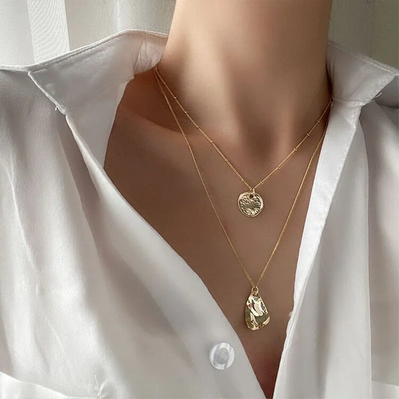 Unisex Layered Choker Necklace with Triangle Pendant - Multi-chain Collarbone Necklace for Men & Women