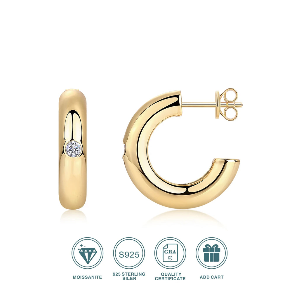 1 Pair Round Hoop Earrings 925 Sterling Silver 18K Gold Plated with Center Moissanite Stone Elegant Jewelry for Women Gift
