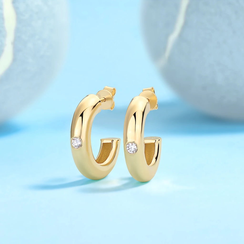 1 Pair Round Hoop Earrings 925 Sterling Silver 18K Gold Plated with Center Moissanite Stone Elegant Jewelry for Women Gift