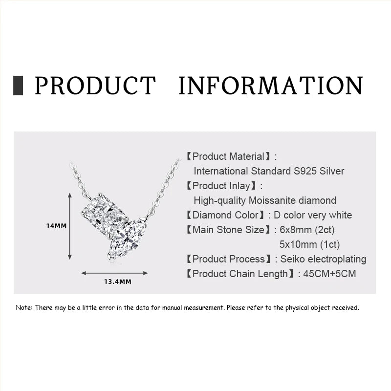 OXTAO Real 925 Silver Rectangular Oval Cut 3.0CTMoissanite Pendant Necklace Adjustable Clavicle Chain Necklace Fine Jewelry Gift