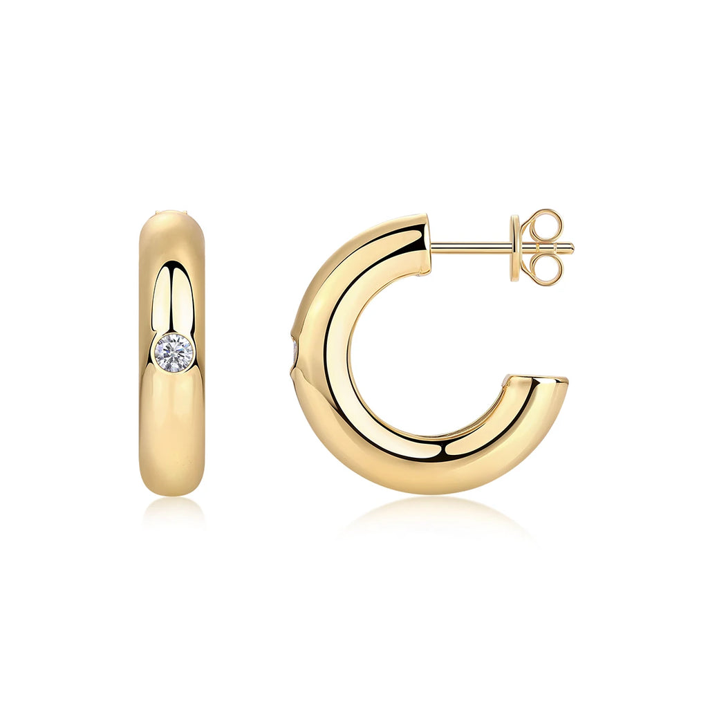 1 Pair Round Hoop Earrings 925 Sterling Silver 18K Gold Plated with Center Moissanite Stone Elegant Jewelry for Women Gift